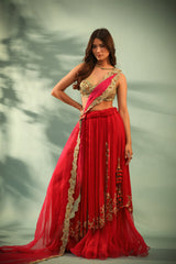 Haseena carmine red cutwork layer lehenga set