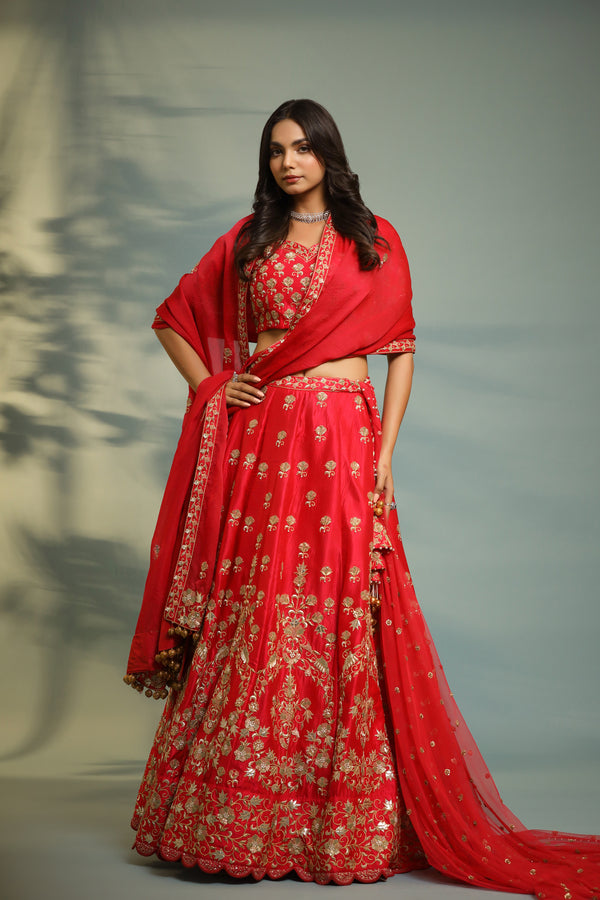 Haseena scarlet red bride to be lehenga set