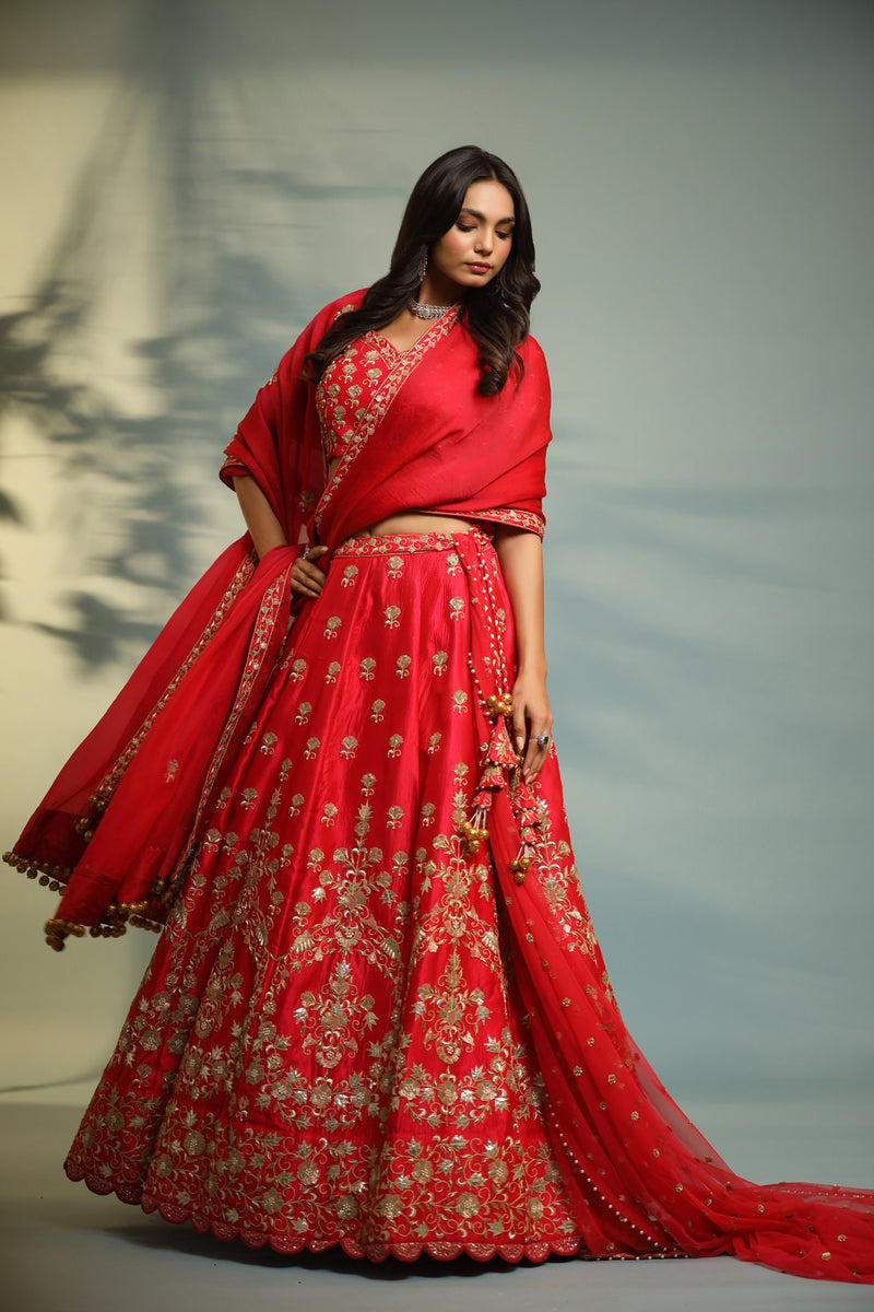 Haseena scarlet red bride to be lehenga set