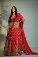 Haseena crimson red structured peplum lehenga set