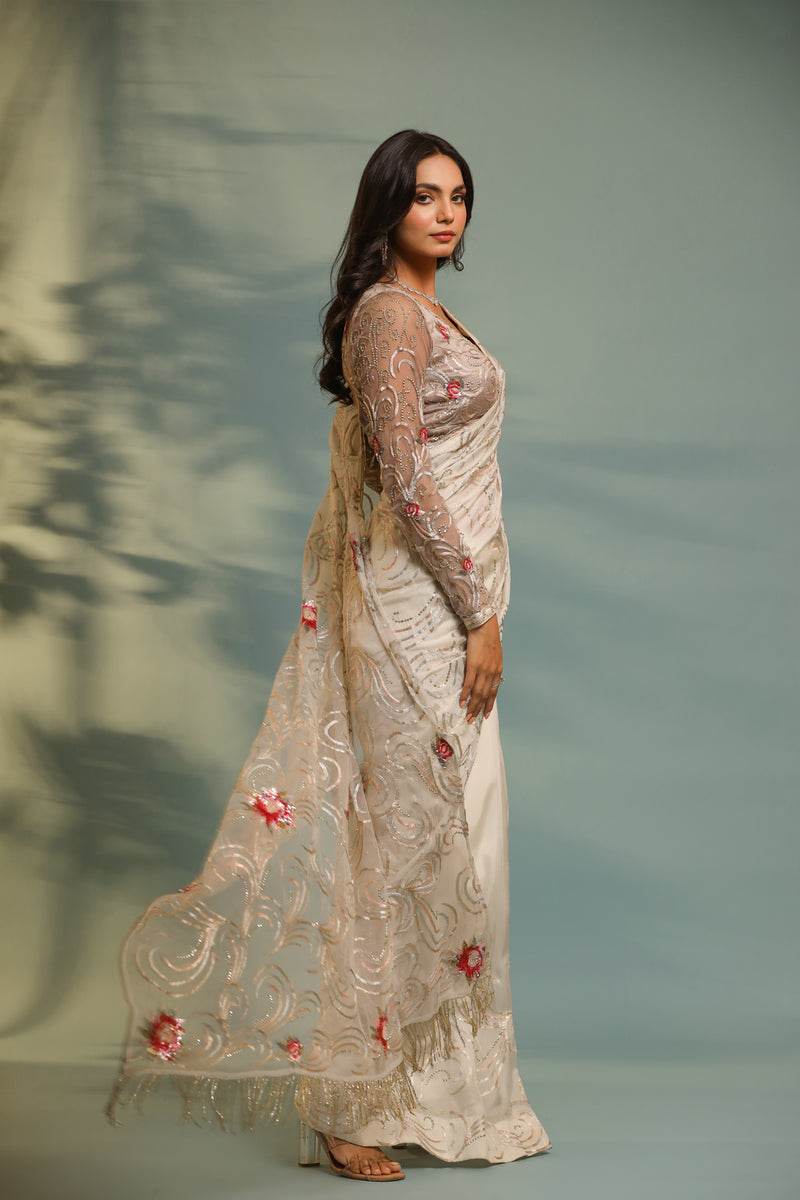 Haseena ivor-grey swirl jaal saree set