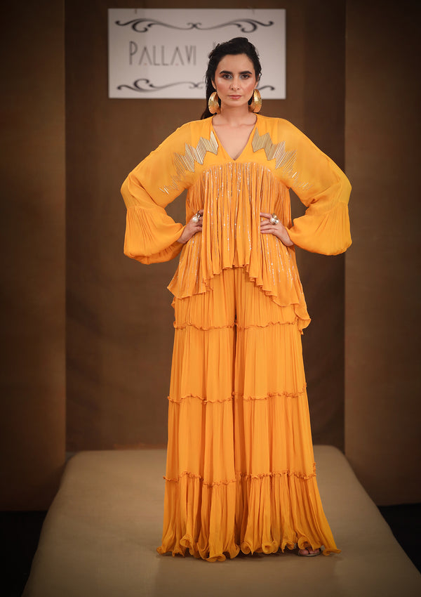 Anhaita Turmeric yellow dazzle boho tunic sharara set