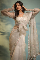 Haseena frost grey ruffle saree & wrap blouse set