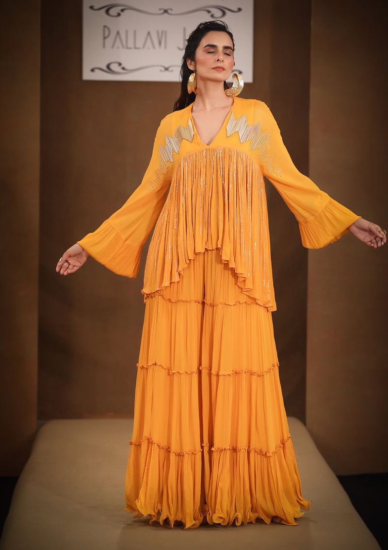 Anhaita Turmeric yellow dazzle boho tunic sharara set