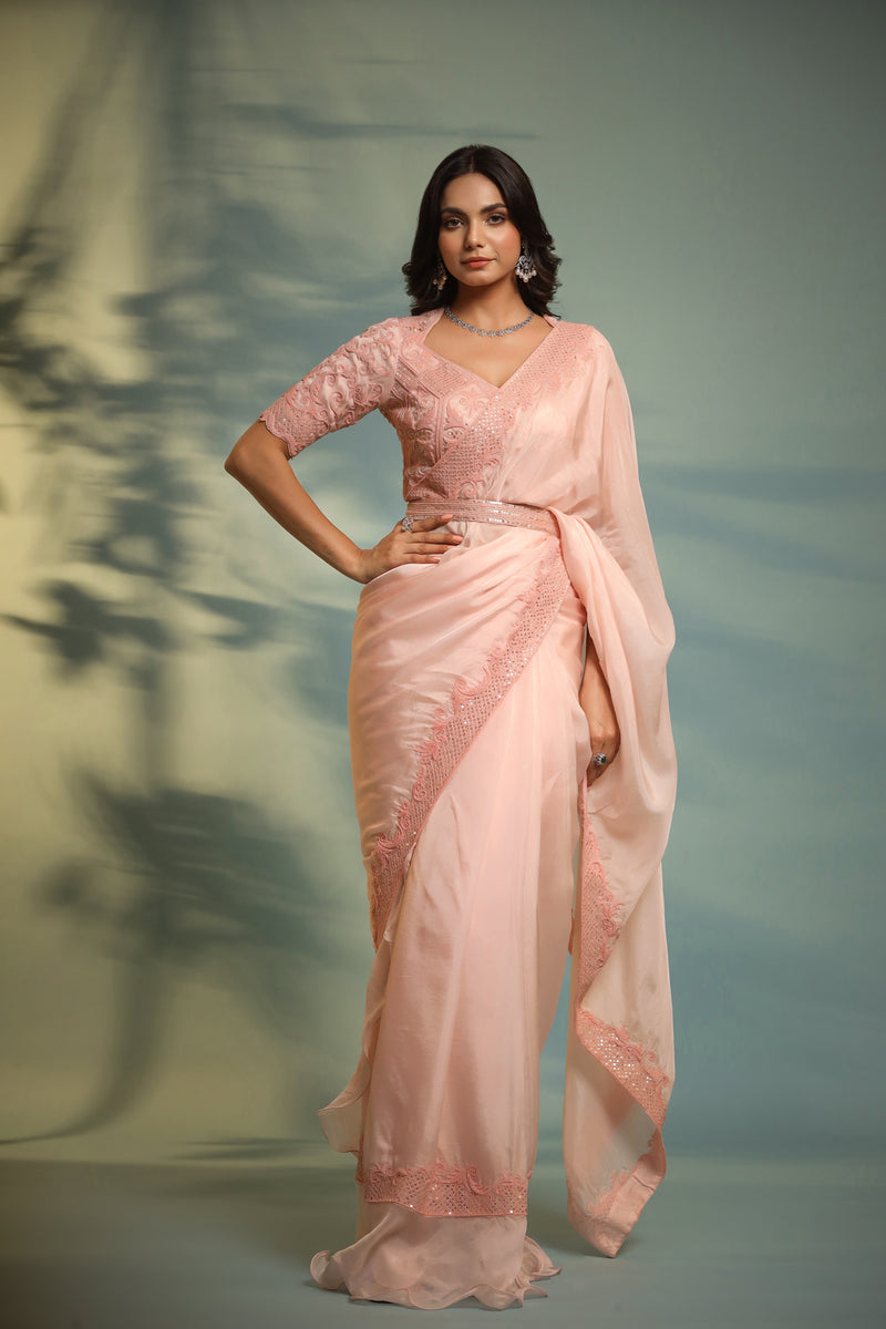 Haseena blush pink moti work ruffle saree