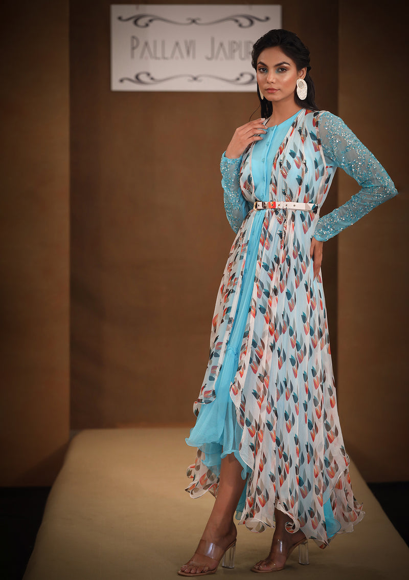 Sophie turquoise tier dress with Power Pleasure Cape