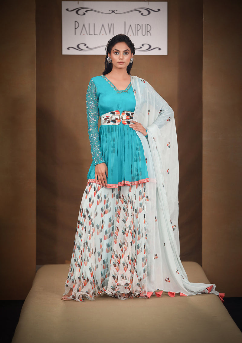 Ananya Aqua green treasure tunic with sheer volume pant set