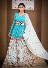 Ananya Aqua green treasure tunic with sheer volume pant set