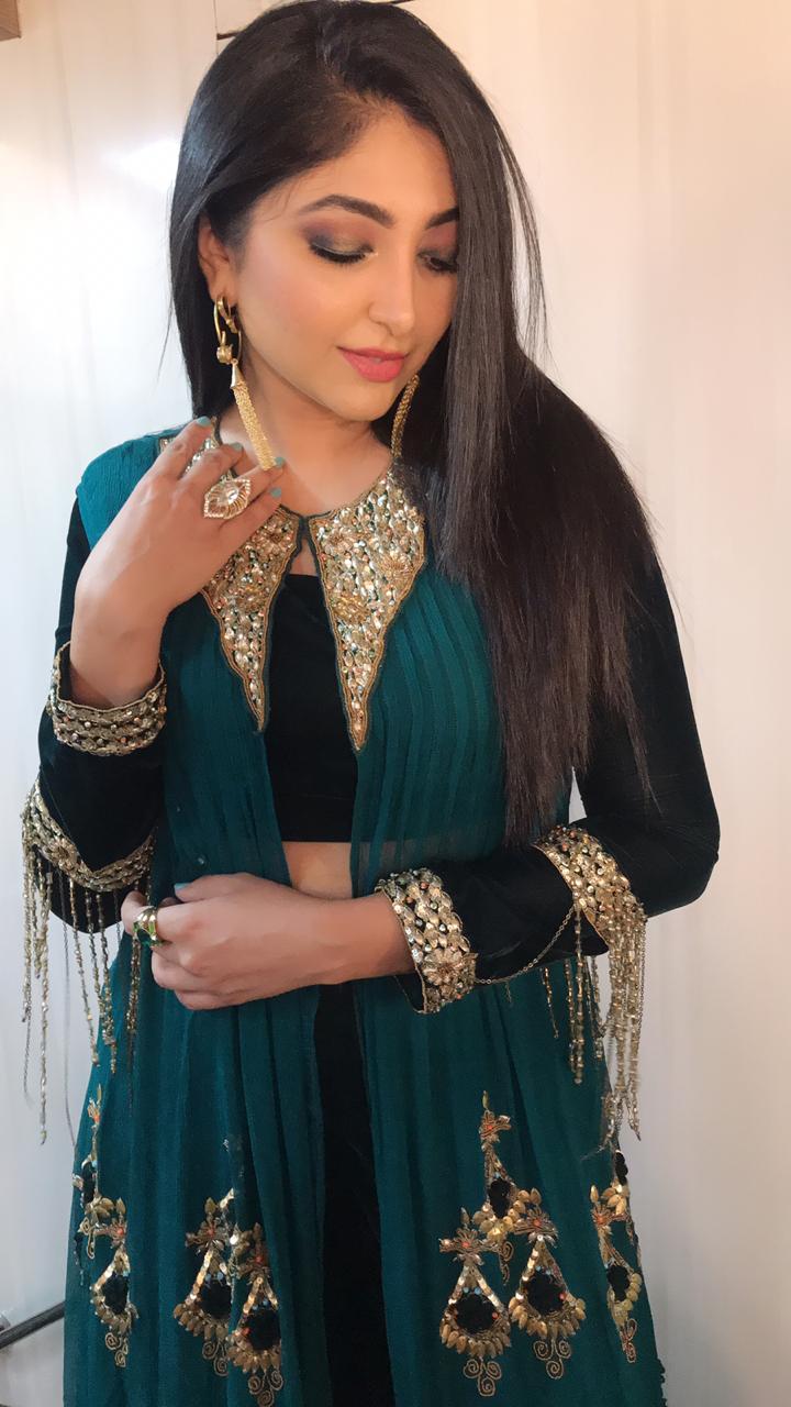 Bhoomi Trivedi in Bottle Green Crop Top Jacket Set