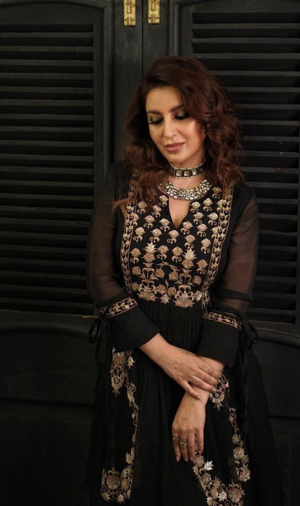 Tisca Chopra in Black Zardosi Layered Long Dress-Indian wear-Pallavi Jaipur