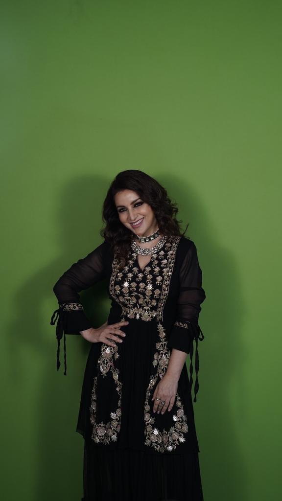 Tisca Chopra in Black Zardosi Layered Long Dress-Indian wear-Pallavi Jaipur